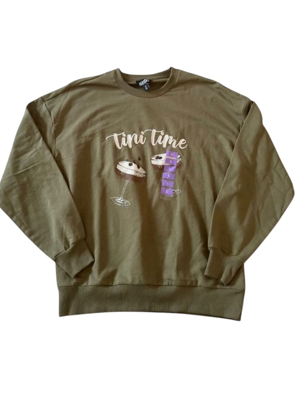 Feeling Festive Olive Green 'Tini Time' Graphic Crewneck Sweatshirt Size XL